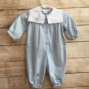 VINTAGE ROSEY KIDS EMBROIDERED ROMPER IN BLUE